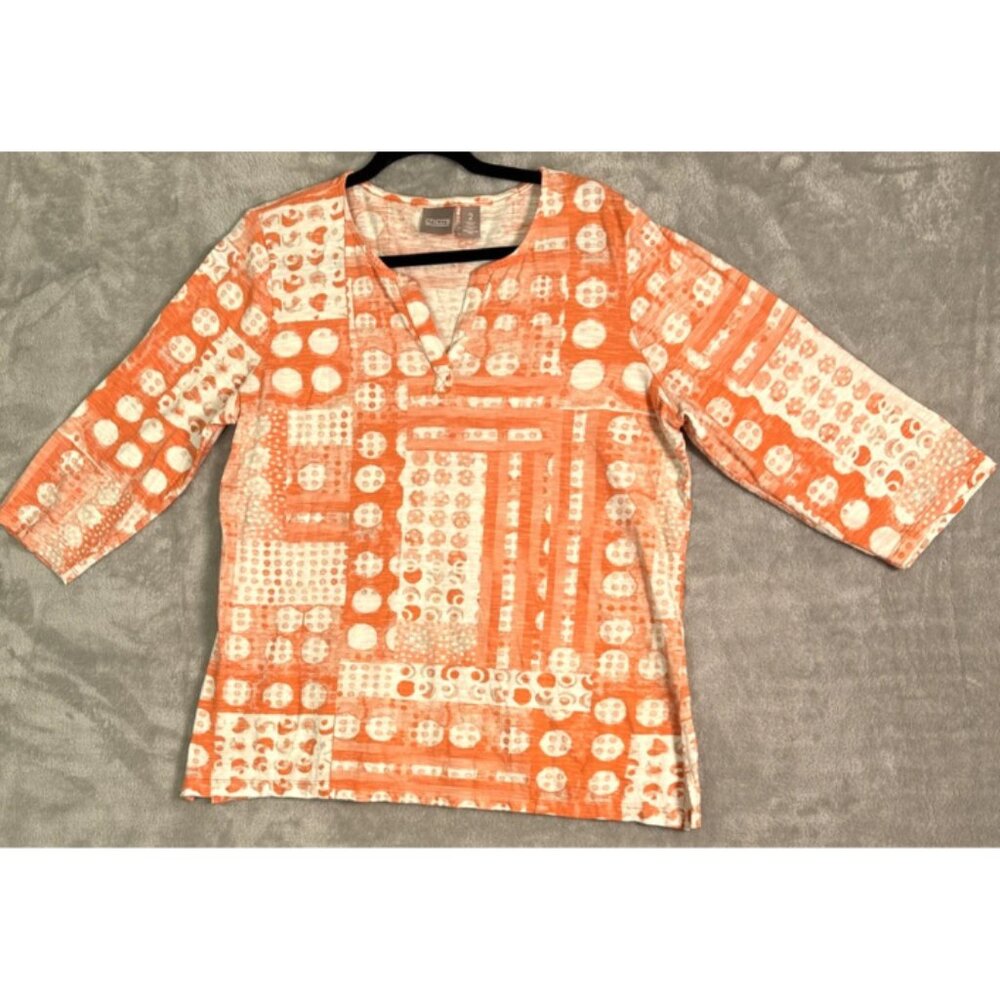 Chico's Womens Sz 2 Large V-Neck Tunic T-Shirt 3/4 Sleeve Cotton Orange White